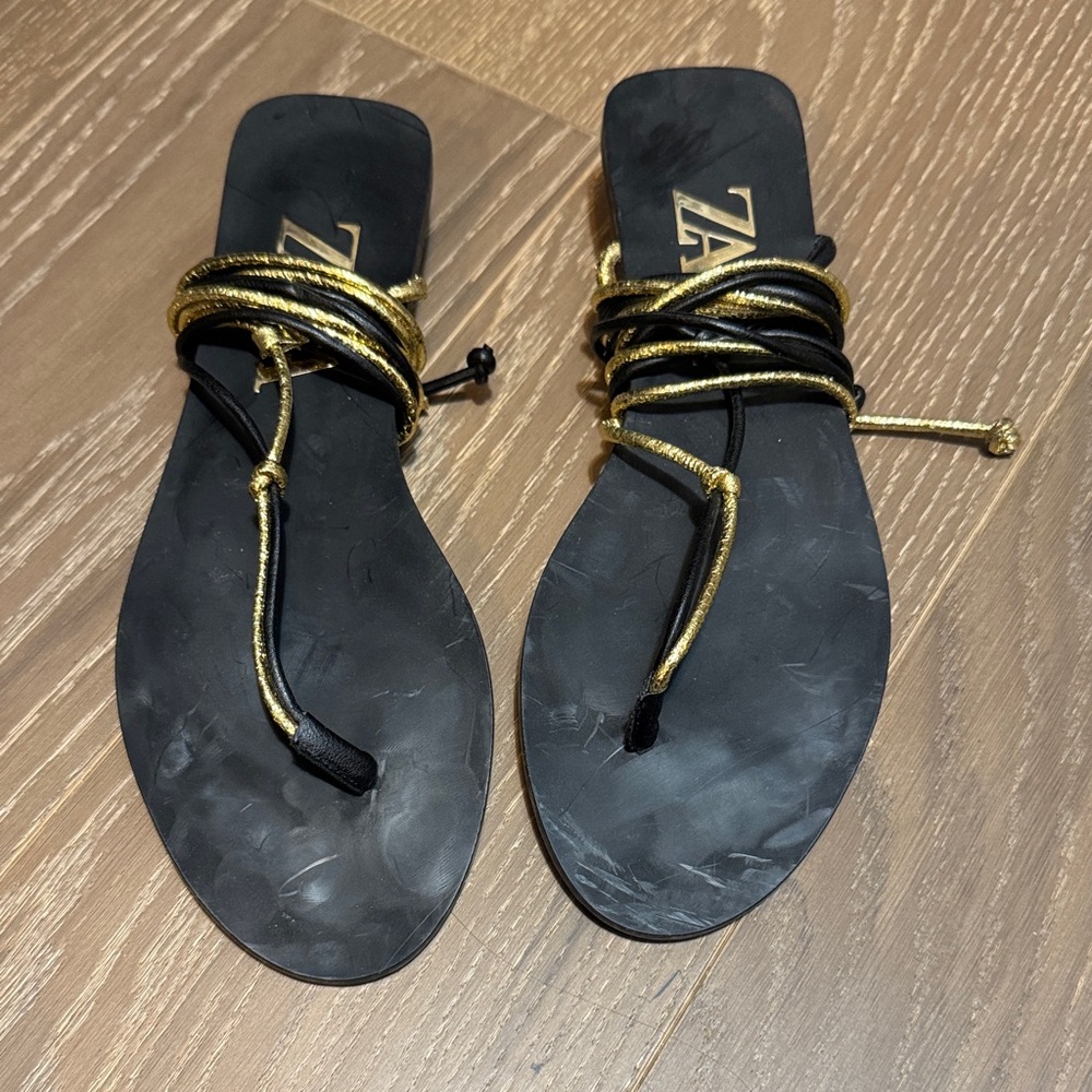 Zara Elegant Black and Gold Strappy Sandals